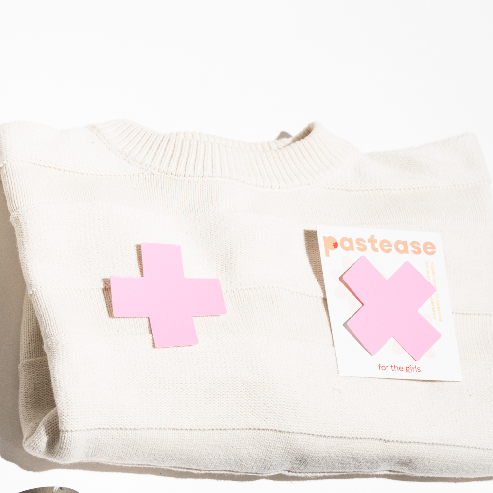 Plus X: Faux Latex Pleather Vinyl Baby Pink Cross Nipple Pasties by Pastease®