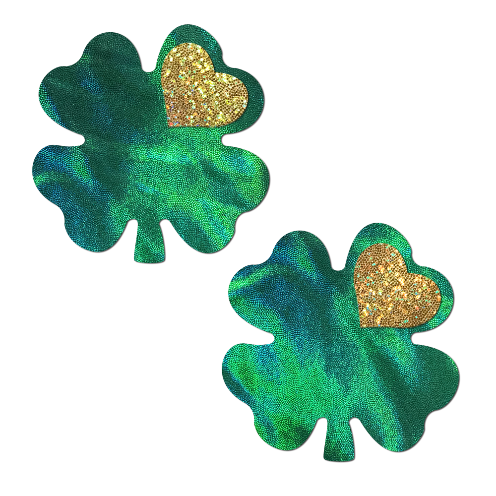 5-Pack: Coverage: Clover Green Holographic with Glitter Gold Heart Breast Coverings by Pastease