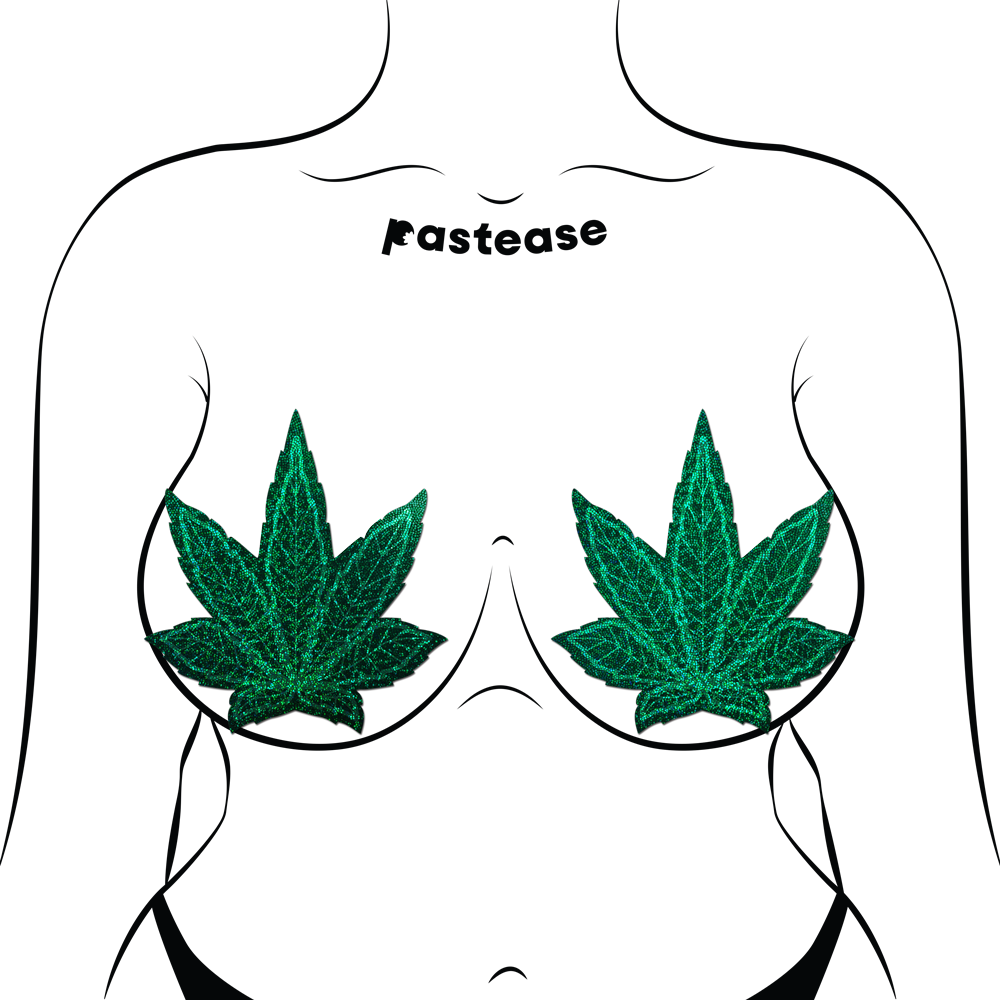 5 Pack: Coverage: Pot Leaf Glitter Green Full Breast Covers Support Tape by Pastease