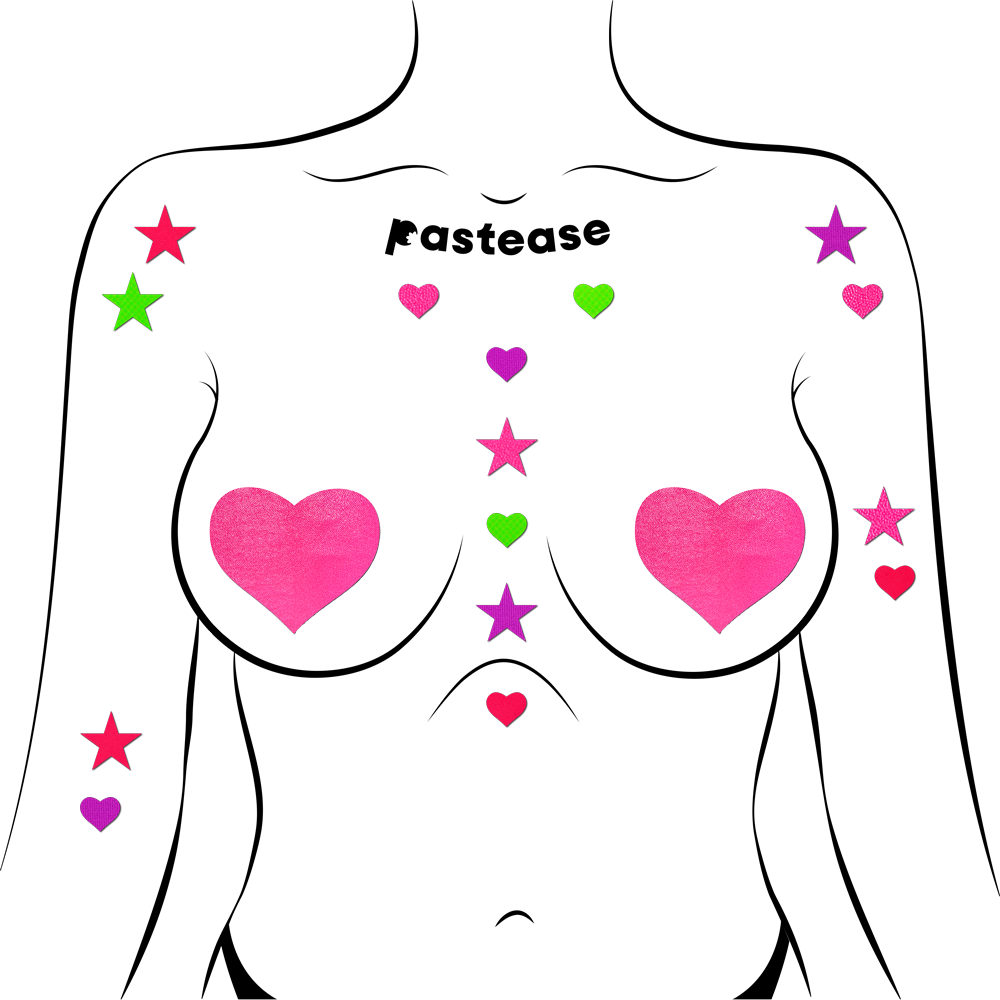 5-Pack: Pastease Confetti: Neon Green, Red, Pink & Purple Baby Star & Heart Body Pasties by Pastease®