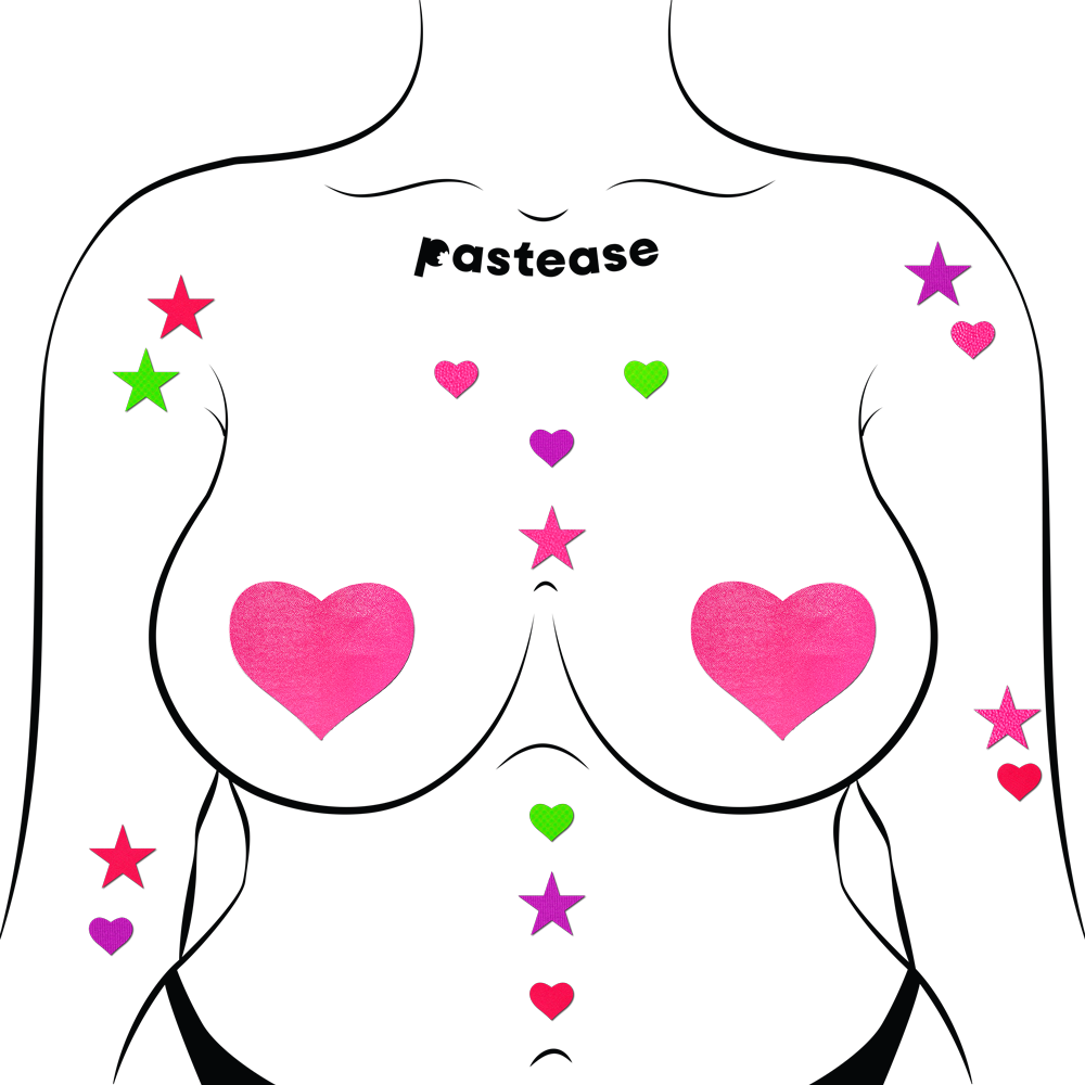 5-Pack: Pastease Confetti: Neon Green, Red, Pink & Purple Baby Star & Heart Body Pasties by Pastease®