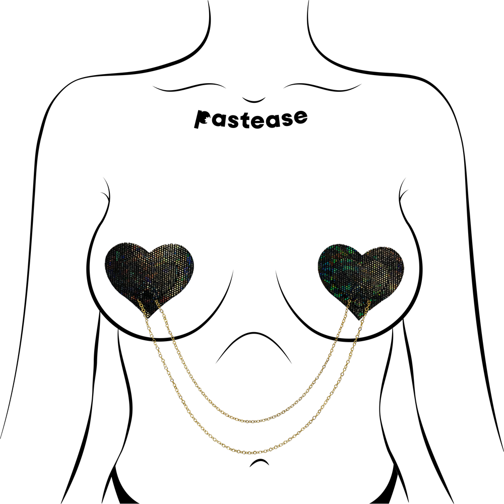 5-Pack: Chains: Black Shattered Disco Ball Heart with Gold Chains Nipple Pasties by Pastease® o/s