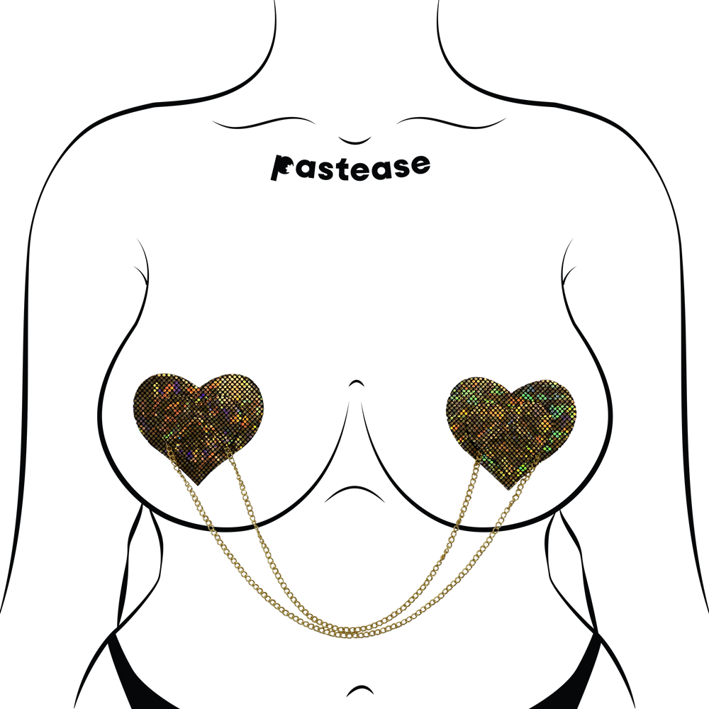 5-Pack: Chains: Gold Shattered Disco Ball Heart with Gold Chains Nipple Pasties by Pastease® o/s