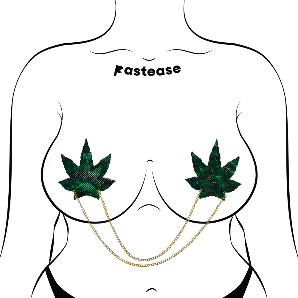 5-Pack: Chains: Shattered Glass Disco Ball Green Weed with Gold Chain Nipple Pasties by Pastease®