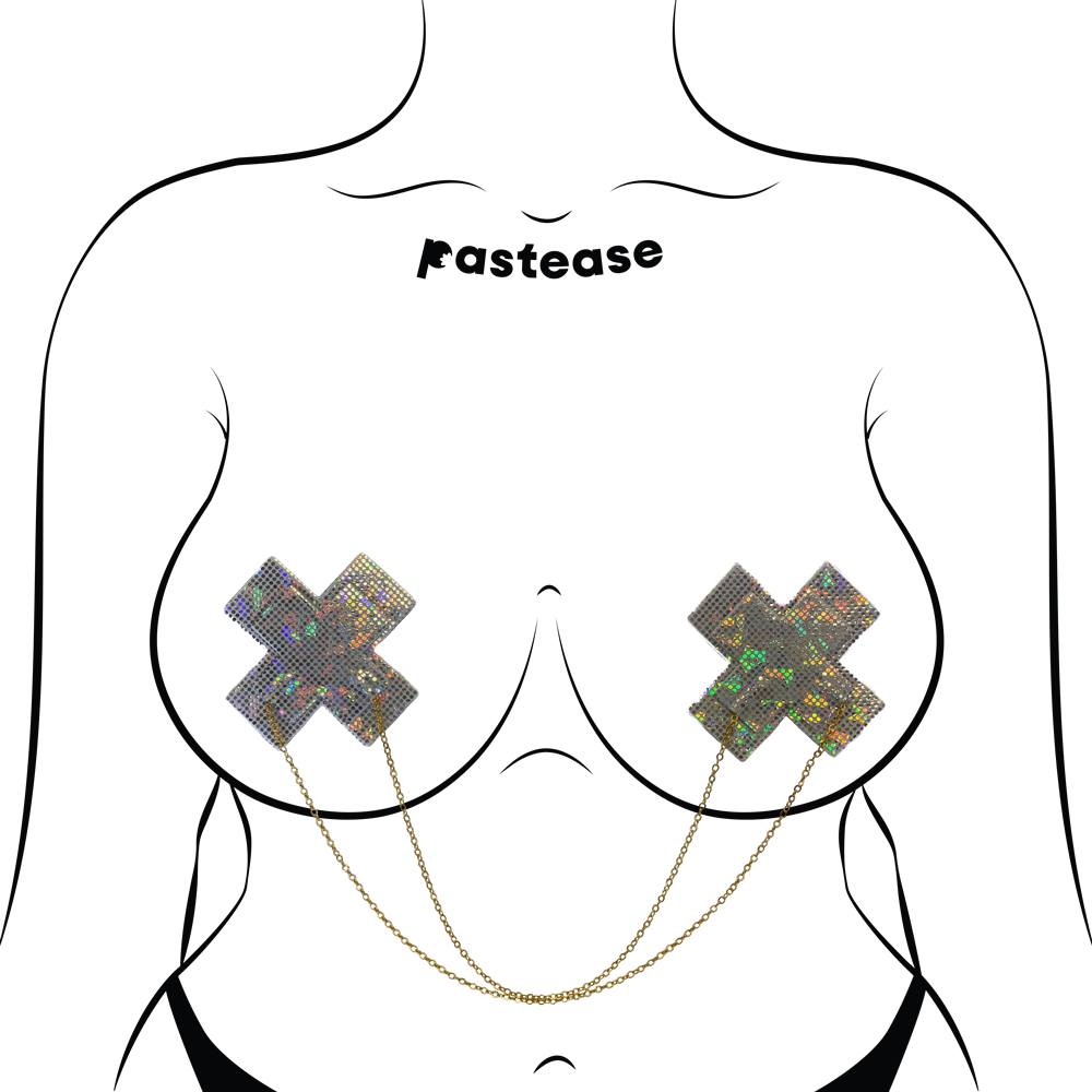 5-Pack: Chains: Shattered Glass Disco Ball Glitter White Cross with Gold Chain Nipple Pasties by Pastease®