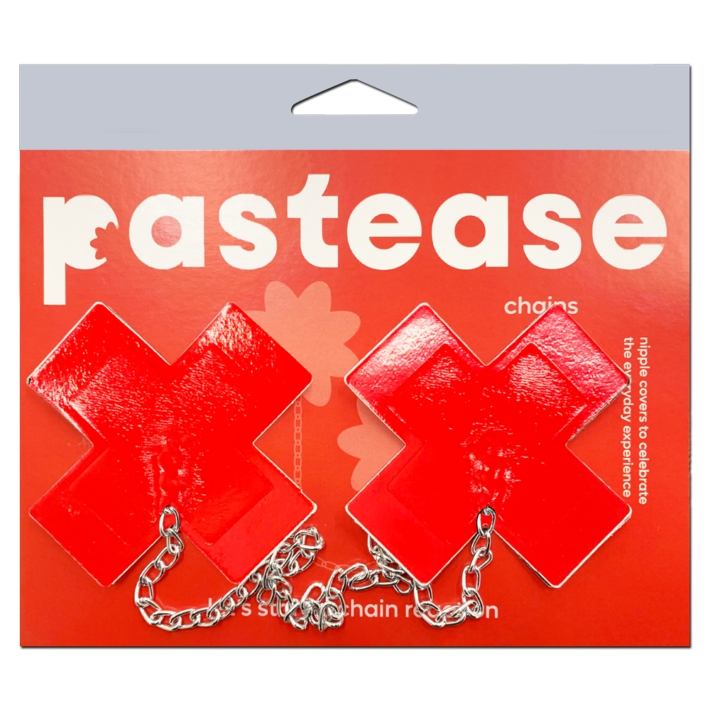 Chains: Faux Latex Pleather Vinyl Red Plus X Cross with Chunky Silver Chain Nipple Pasties by Pastease®