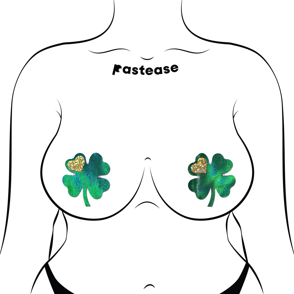 5-Pack: Four Leaf Clover: Holographic Green Shamrocks with Hearts o' Gold Nipple Pasties by Pastease® o/s