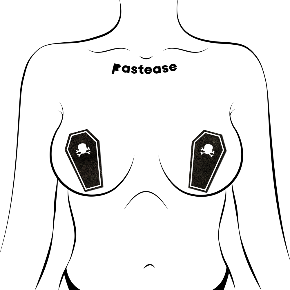 5-Pack: Black Coffin With Glow in the Dark Skull & Crossbones Halloween Breast Pasties by Pastease®