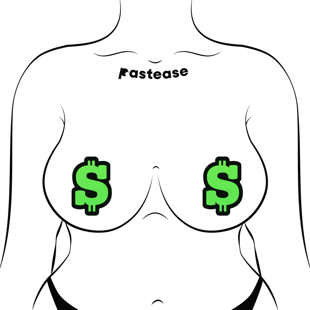 5-Pack: Money: Neon Green Dollar Sign Nipple Pasties by Pastease® o/s