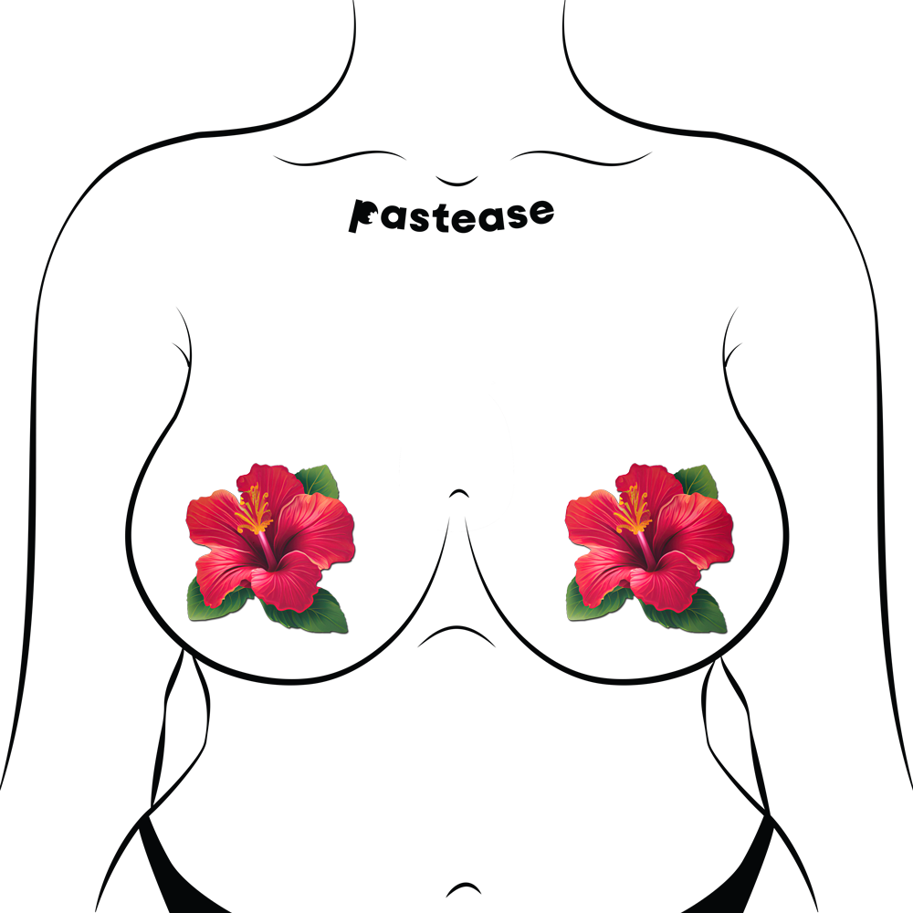 5-Pack: Tropical Vibrant Red Hawaiian Hibiscus Botanical Flower Breast Pasties by Pastease®