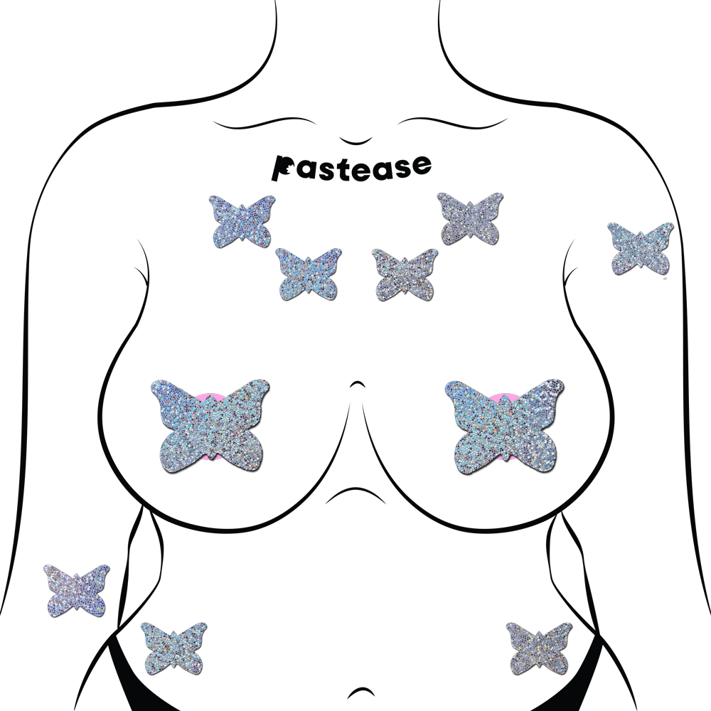5-Pack: Body Minis: 10 Mini Silver Glitter Butterflies Nipple and Body Pasties by Pastease® o/s