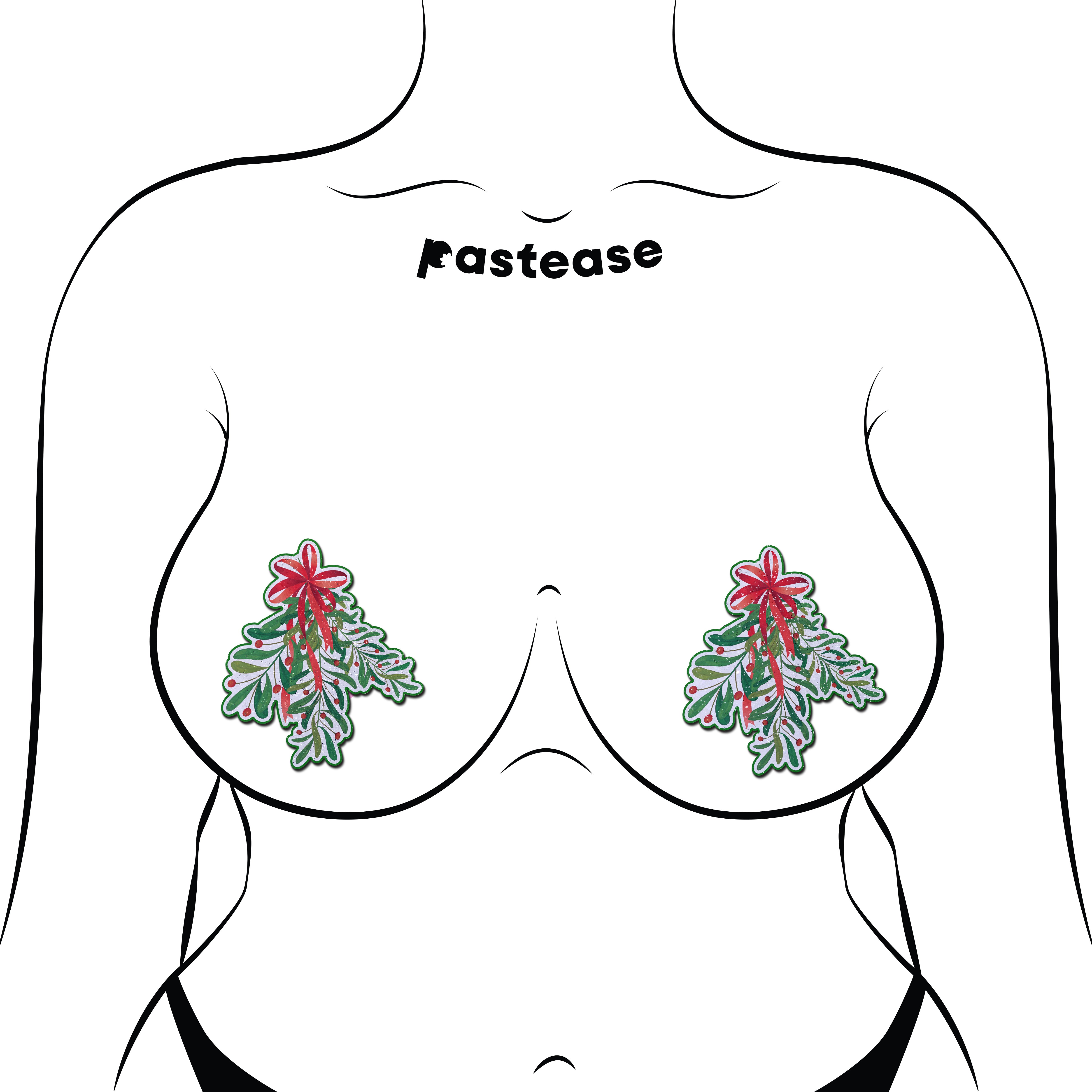 5-Pack: Christmas Winter Mistletoe with Red Bow Kissing Nipple Pasties by Pastease®