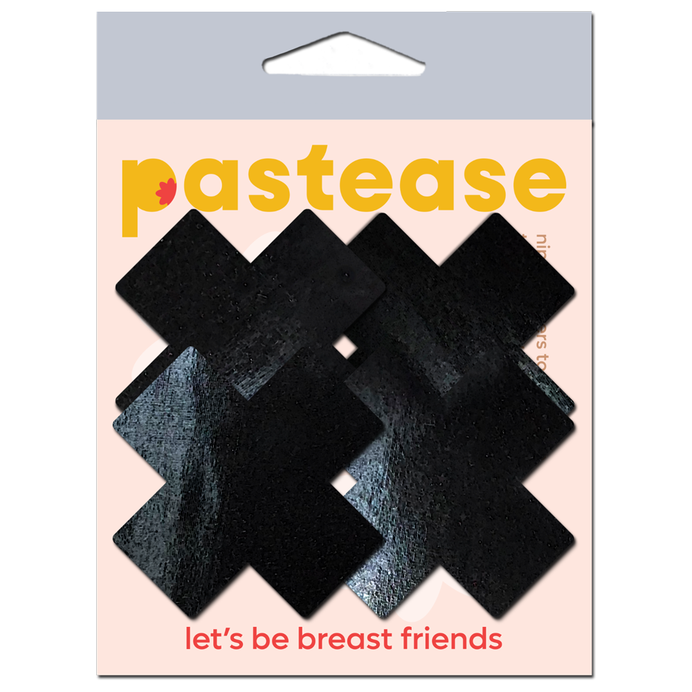 Petite Plus X: Two Pair of Small Faux Latex Pleather Vinyl Black Cross Nipple Pasties by Pastease®