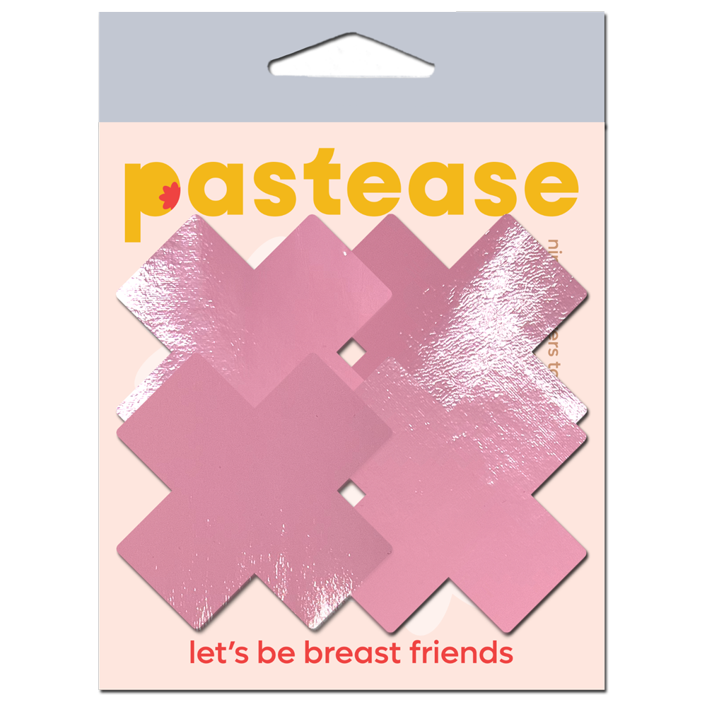 Petite Plus X: Two Pair of Small Faux Latex Pleather Vinyl Baby Pink Cross Nipple Pasties by Pastease®
