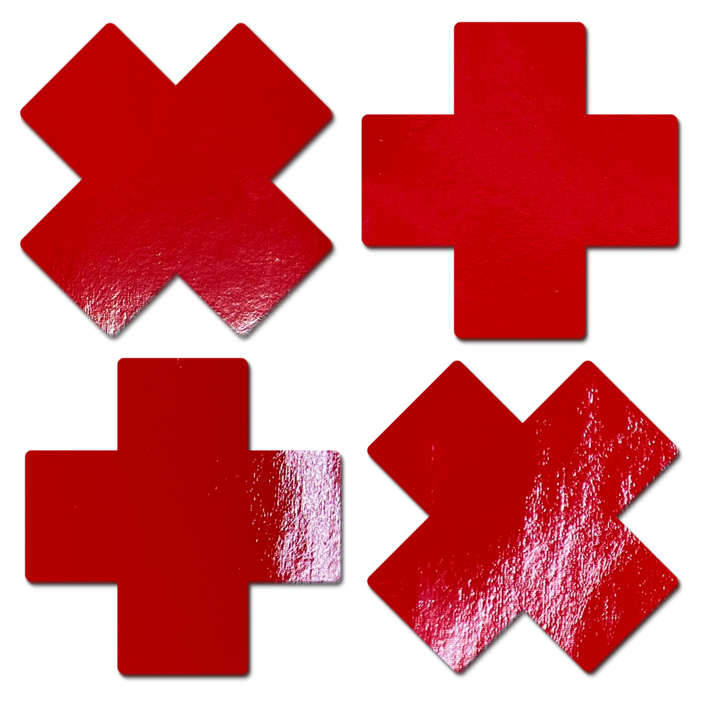 Petite Plus X: Two Pair of Small Faux Latex Pleather Vinyl Red Cross Nipple Pasties by Pastease®