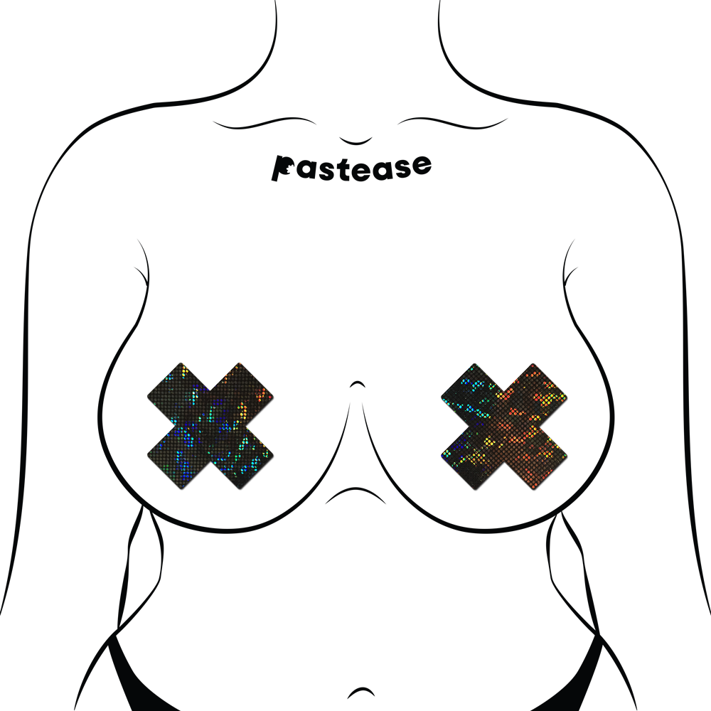 5-Pack: Plus X: Shattered Glass Disco Ball Glitter Black Cross Nipple Pasties by Pastease® o/s
