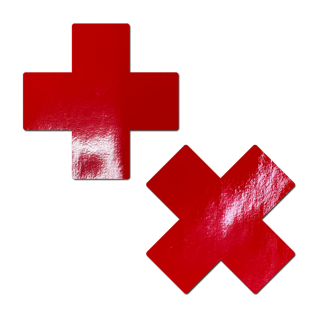 Plus X: Faux Latex Pleather Vinyl Red Cross Nipple Pasties by Pastease®