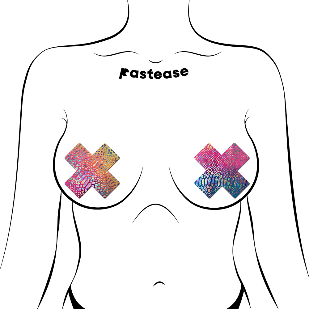 5-Pack: Plus X: Neon Rainbow Tie Dye Snake Print Cross Nipple Pasties by Pastease® o/s
