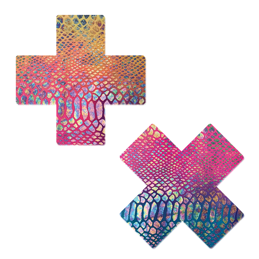 5-Pack: Plus X: Neon Rainbow Tie Dye Snake Print Cross Nipple Pasties by Pastease® o/s