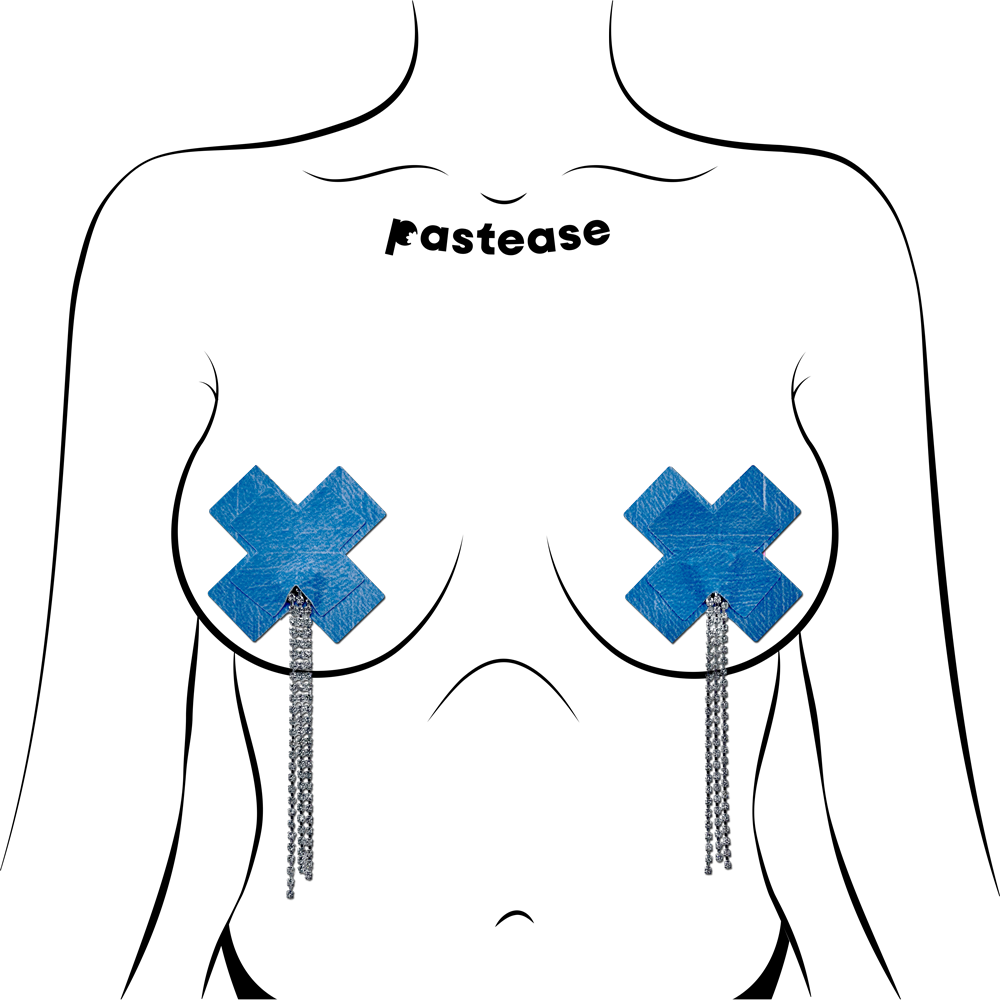 5-Pack: Tassel Pasties: Denim Plus X Pastease with Long Rhinestone Tassel Nipple Pasties by Pastease®