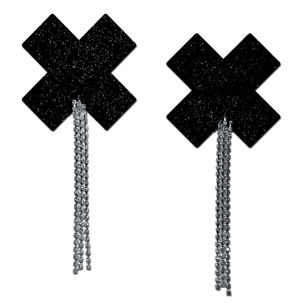 5-Pack: Tassel Pasties: Black Sparkle Plus X Pastease with Long Rhinestone Tassel Nipple Pasties by Pastease®