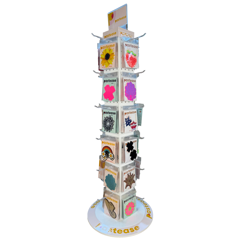 Pastease® POP Display: Pastease Branded Four-Sided 4"W X 36"H Pegboard Tower With Revolving 14.5" Base - Standalone Display