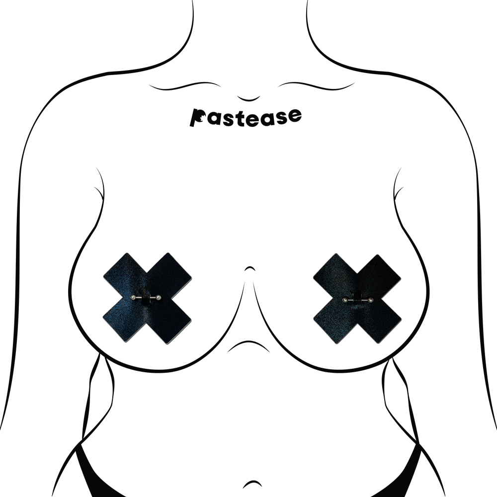 5-Pack: Pierced Pasties: Liquid Black Cross Plus X with Barbell Piercing Nipple Covers by Pastease®