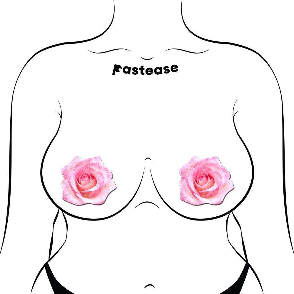 5 Pack: Rose: Pink Glitter Velvet Blooming Rose Flower Nipple Pasties by Pastease® o/s