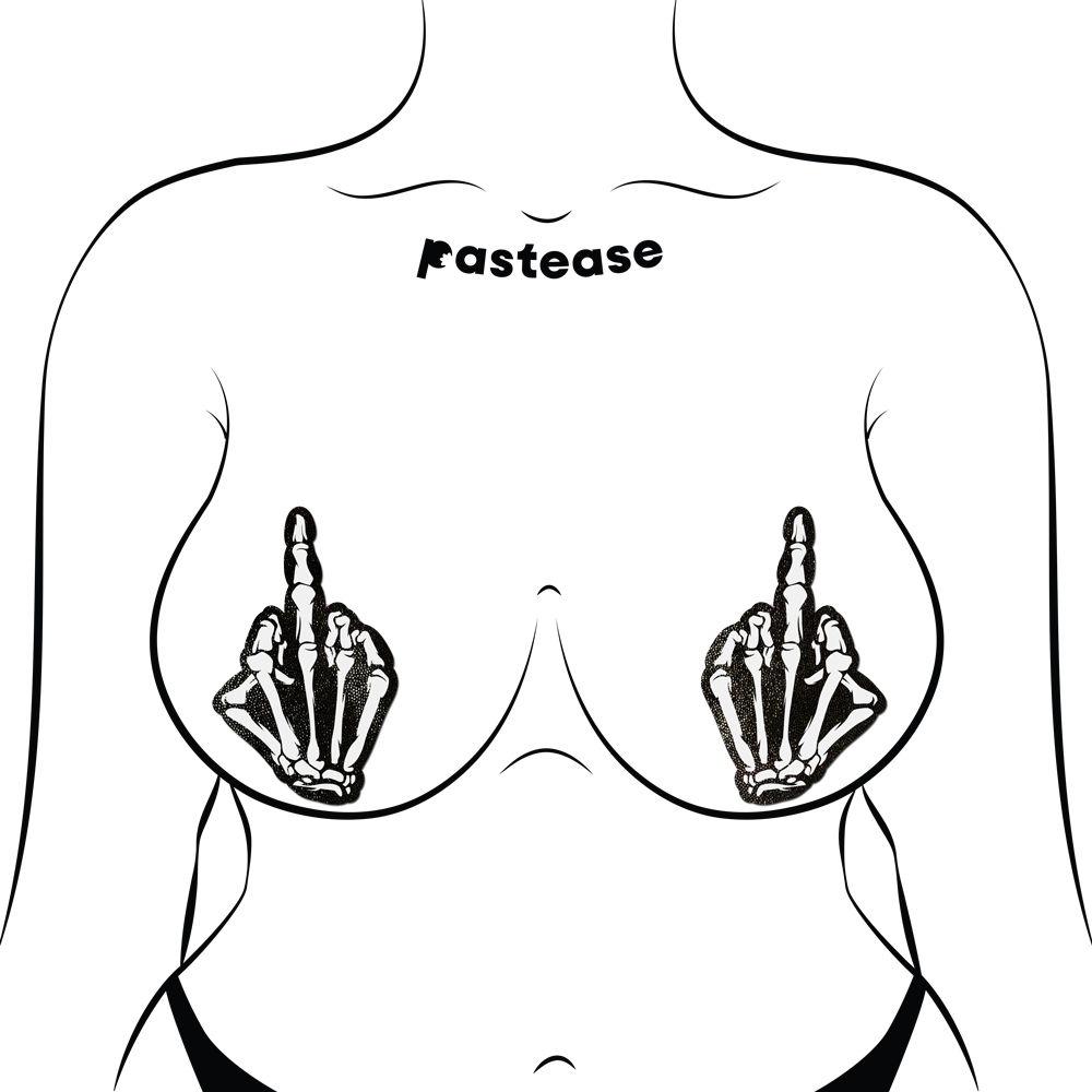 5-Pack: Middle Finger Skeleton Hand Pasties Glow in the Dark White & Black Boney Hand Nipple Covers by Pastease®