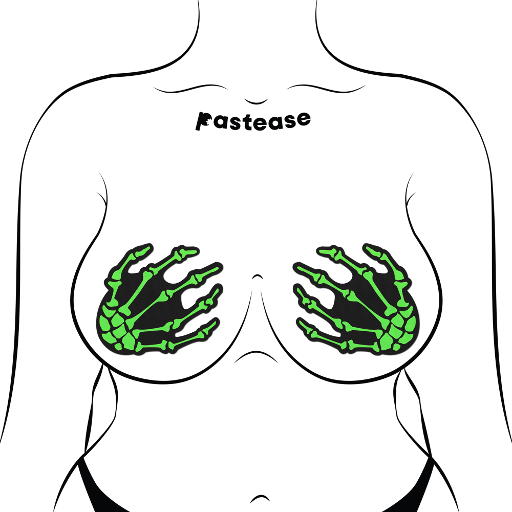 5-Pack: Skeleton Hands: Zombie Neon Green/UV Reactive Boney Hands Nipple Pasties by Pastease® o/s