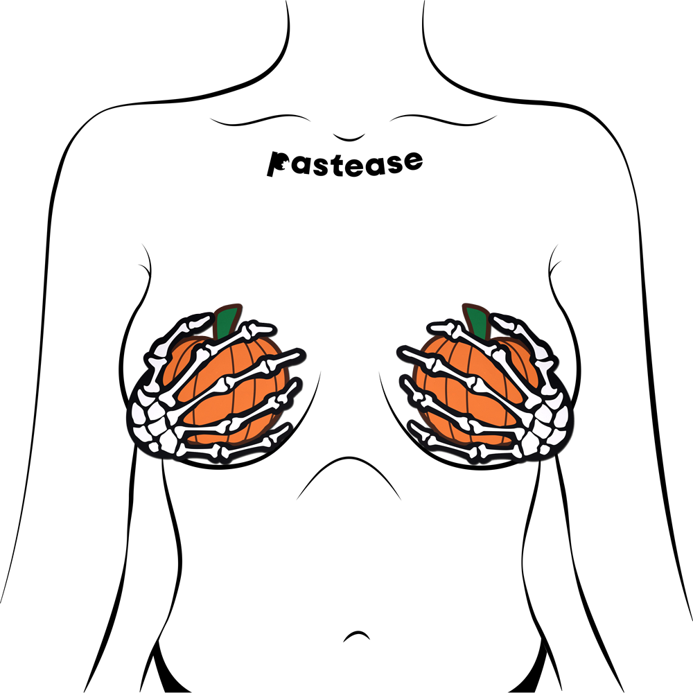 5-Pack: White Boney Skeleton Hands Holding Orange Halloween Pumpkins Breast Pasties by Pastease®