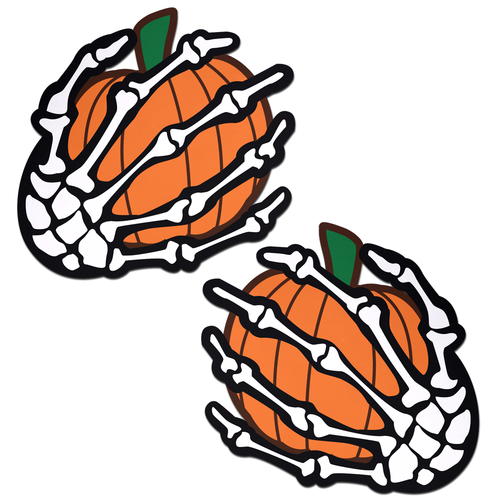 5-Pack: White Boney Skeleton Hands Holding Orange Halloween Pumpkins Breast Pasties by Pastease®