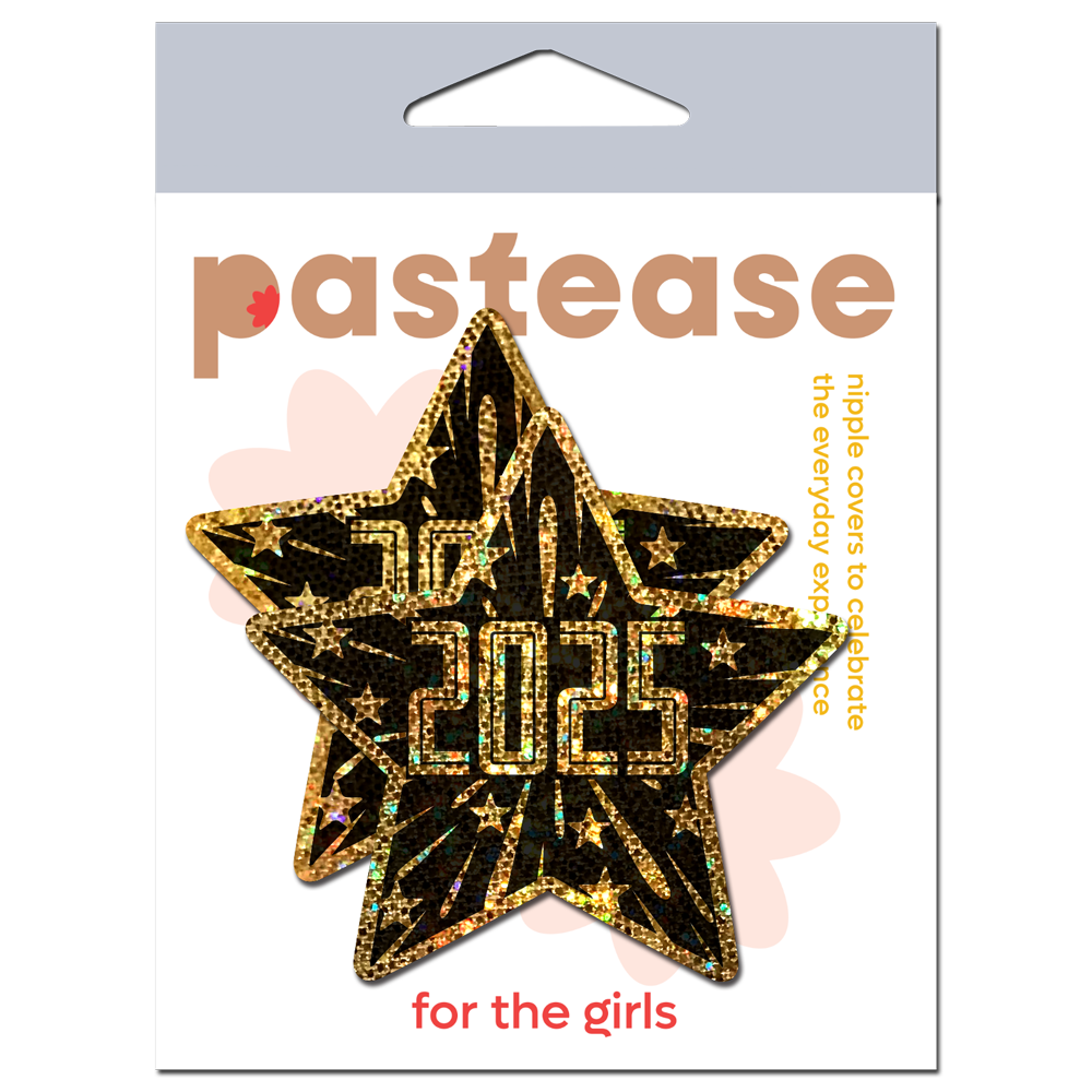 5-Pack: Happy New Year Pasties 2025 Black & Gold Star Nipple Covers by Pastease