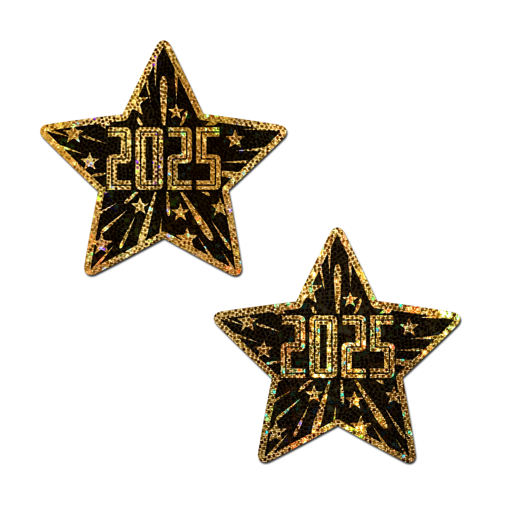 5-Pack: Happy New Year Pasties 2025 Black & Gold Star Nipple Covers by Pastease