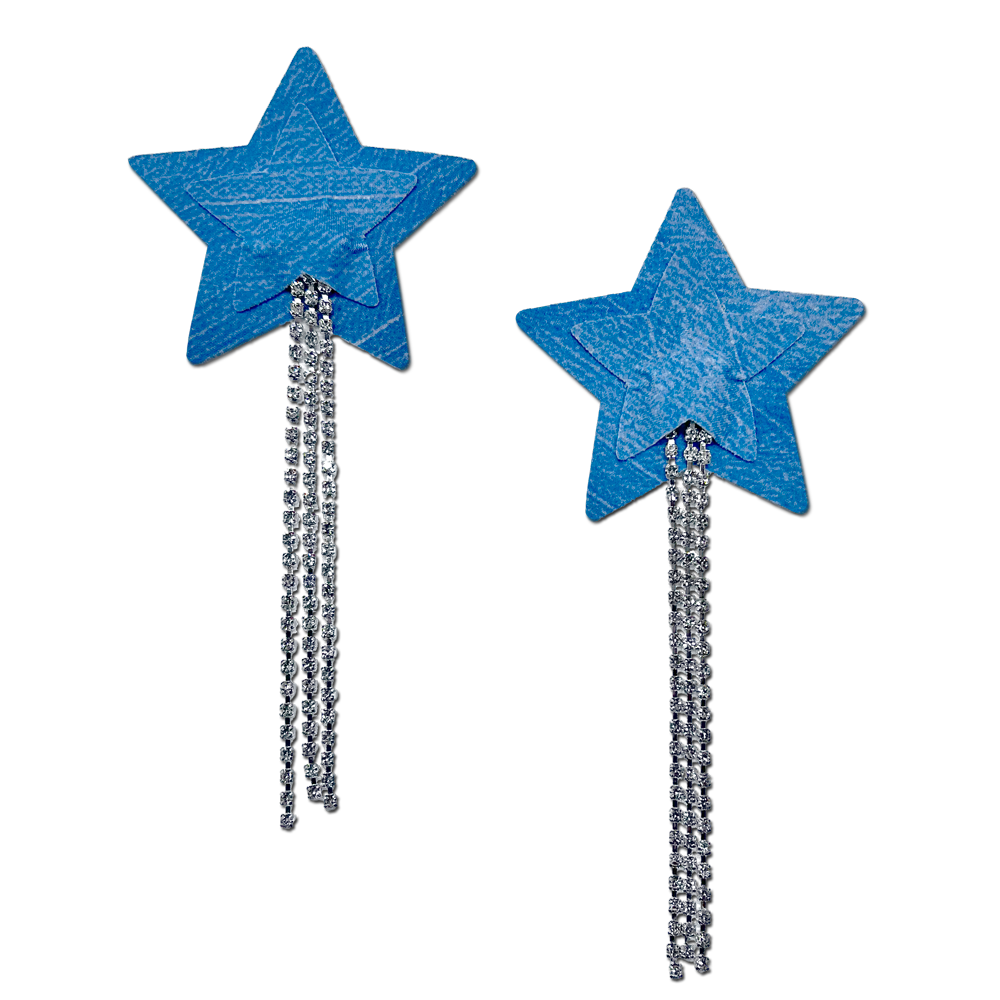 5-Pack: Tassel Pasties: Denim Star Pastease with Long Rhinestone Tassel Nipple Pasties by Pastease®