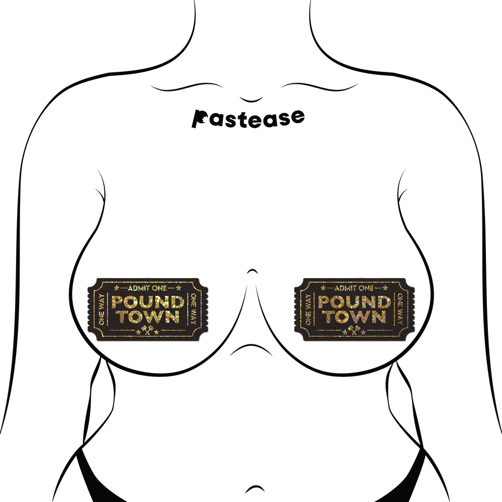5 Pack: Pound Town Pasties: One-Way Ticket to Pound Town Gold Glitter Nipple Covers by Pastease