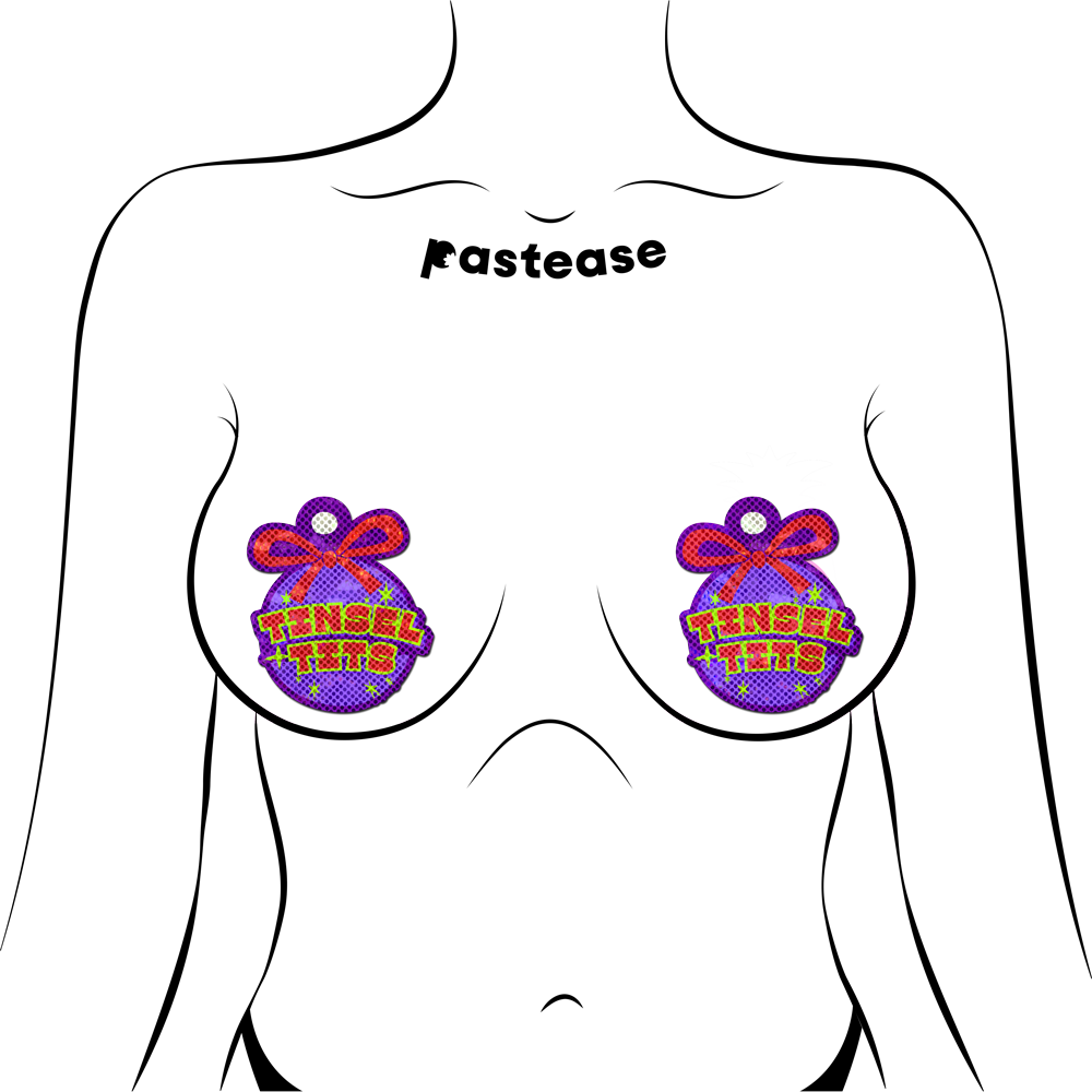 5-Pack: Tinsel Tits Holiday Ornament on Disco Glitter Purple Breast Pasties by Pastease®