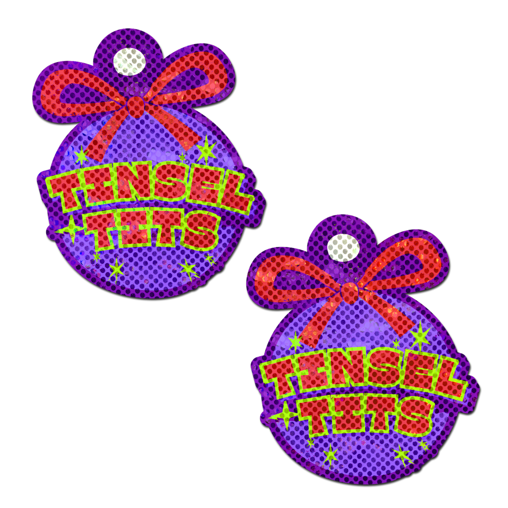 5-Pack: Tinsel Tits Holiday Ornament on Disco Glitter Purple Breast Pasties by Pastease®