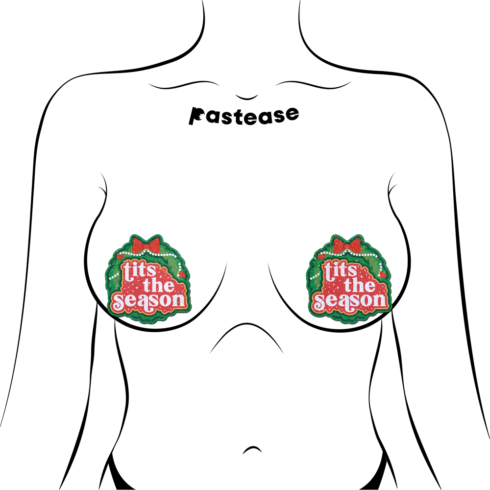 5-Pack: Tits the Season Holiday Green Wreath on Glittery Velvet Breast Pasties by Pastease®
