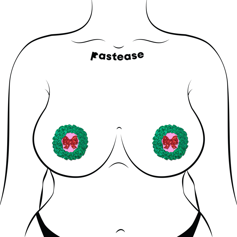 5-Pack: Peek-a-Boob: Green Glitter Wreath with Red Glitter Bow Nipple Pasties by Pastease® o/s