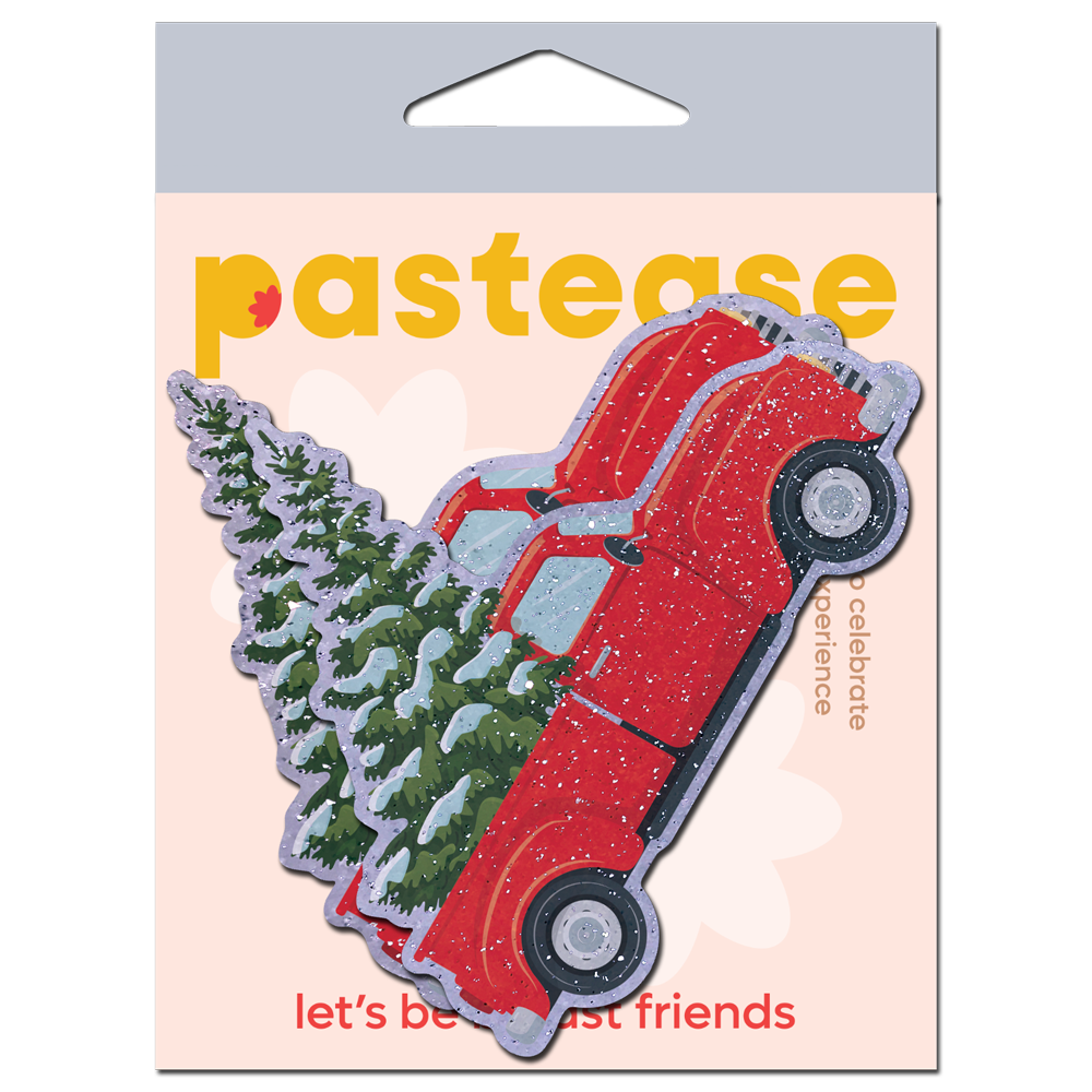 5-Pack: Christmas Winter Pasties Little Red Truck with Christmas Tree on Glittery Velvet Nipple Covers by Pastease®