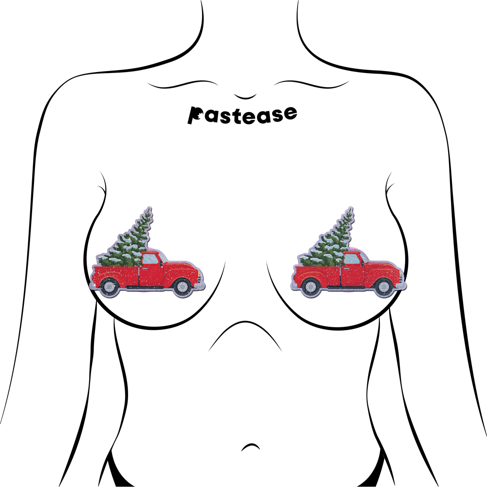 5-Pack: Christmas Winter Pasties Little Red Truck with Christmas Tree on Glittery Velvet Nipple Covers by Pastease®