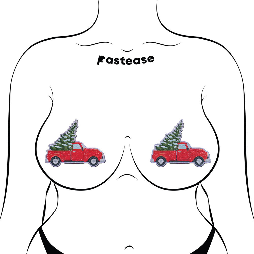 5-Pack: Christmas Winter Pasties Little Red Truck with Christmas Tree on Glittery Velvet Nipple Covers by Pastease®