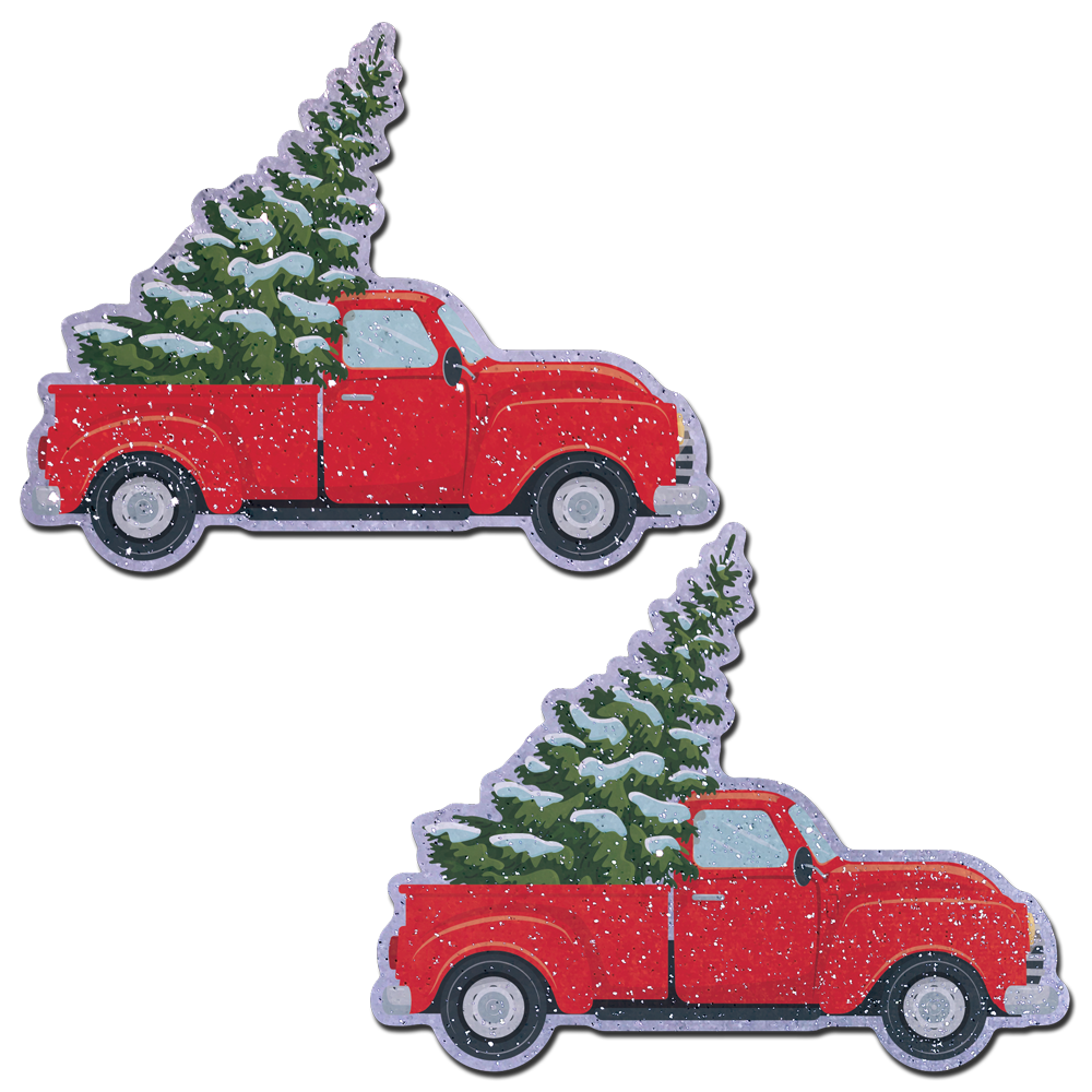 5-Pack: Christmas Winter Pasties Little Red Truck with Christmas Tree on Glittery Velvet Nipple Covers by Pastease®