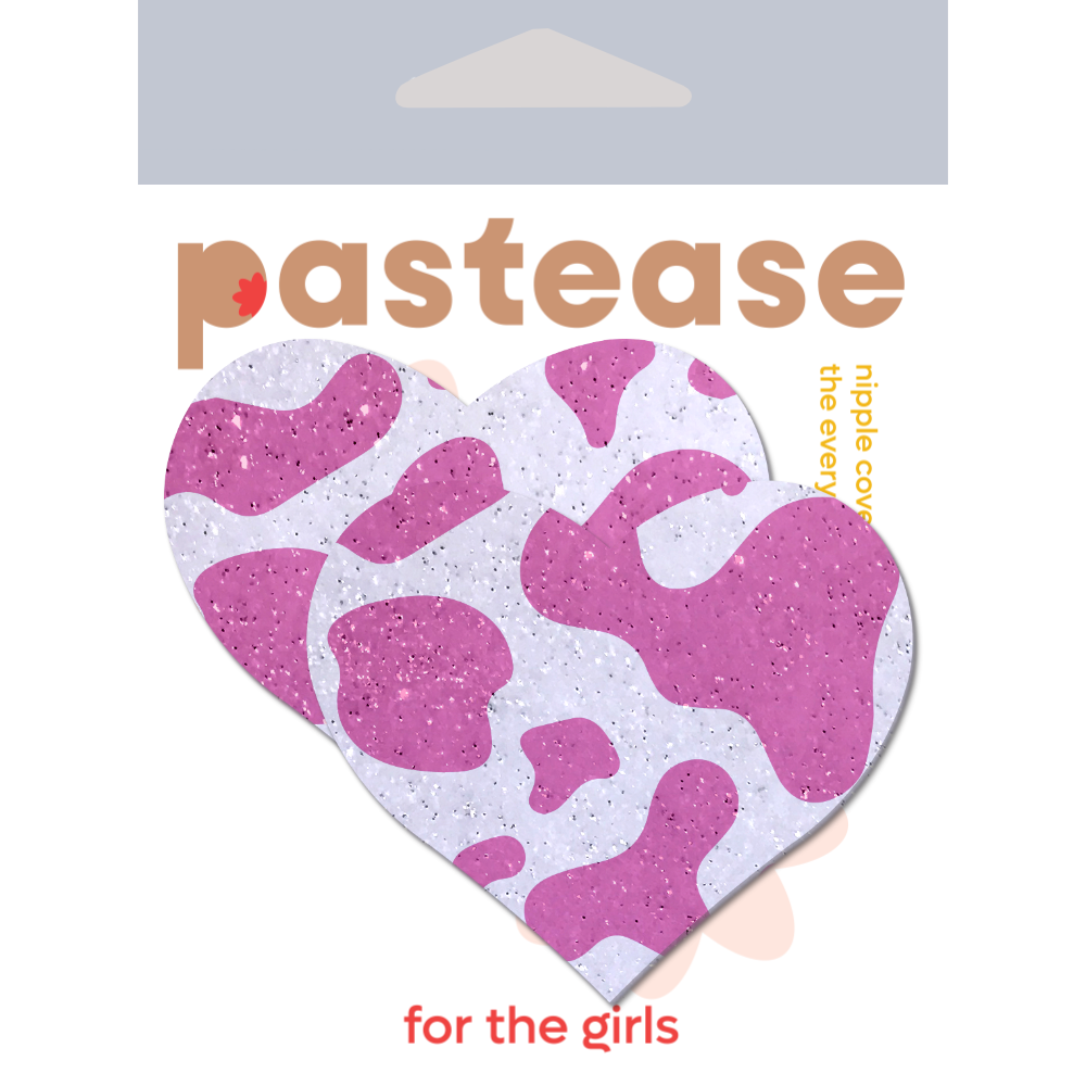 5 Pack: Love: Pink Strawberry Cow Print Heart on Soft Glittery Velvet Nipple Pasties by Pastease®