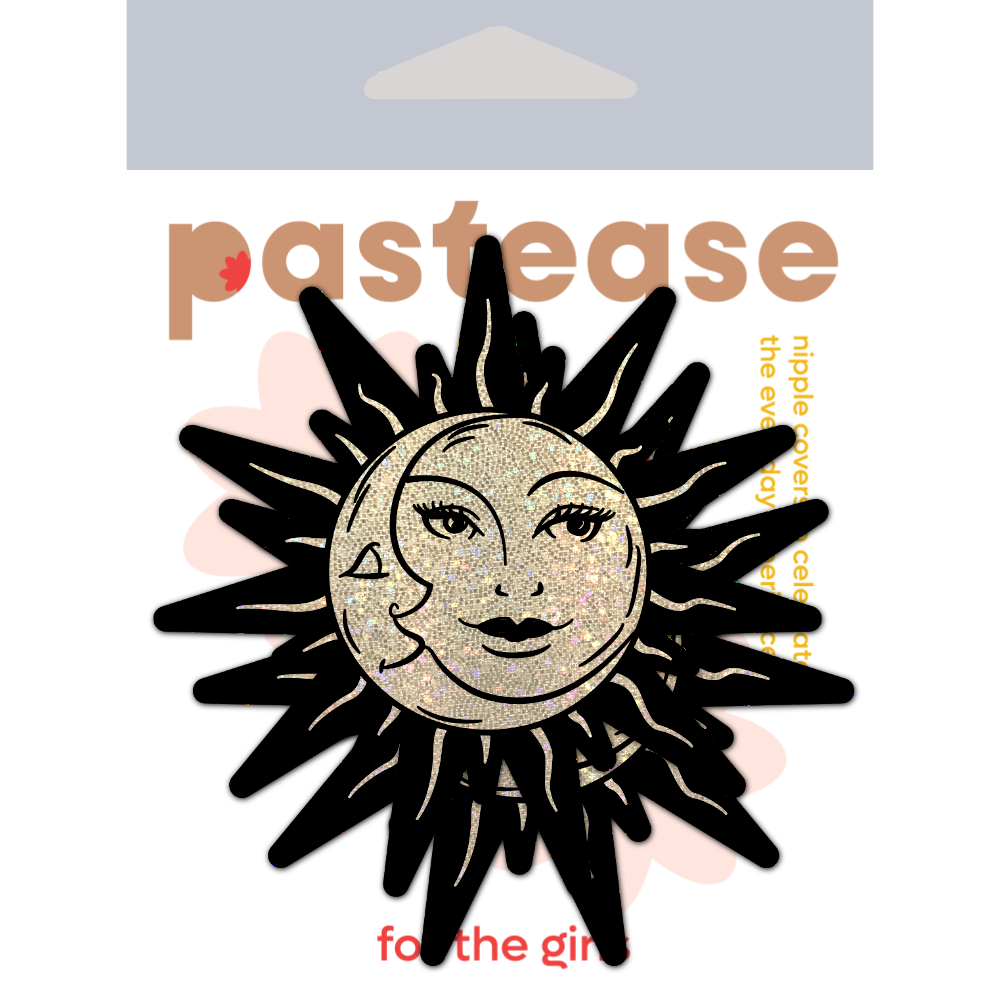 5-Pack: Sunburst: Sun & Moon Faces on Gold Glitter Sun Nipple Pasties by Pastease® o/s