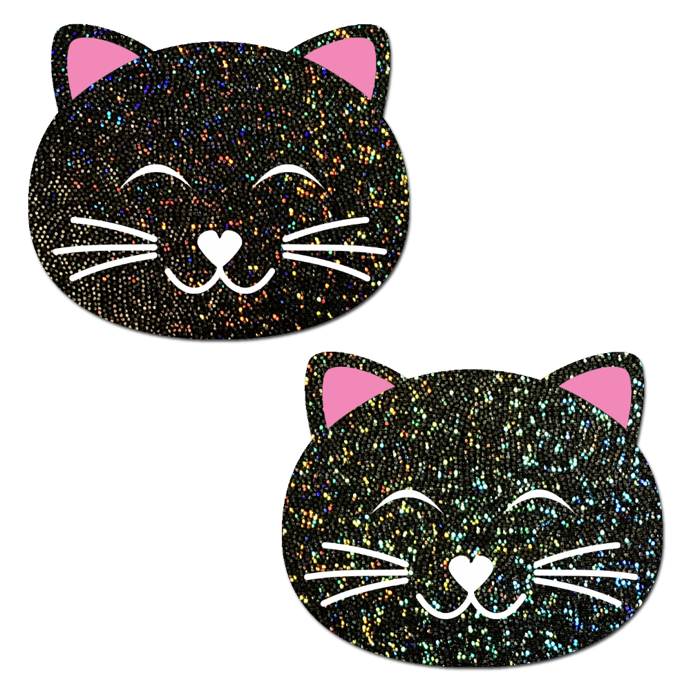5-Pack: Kitty Cat: Happy Black Glitter Kitty Cat Nipple Pasties by Pastease® o/s
