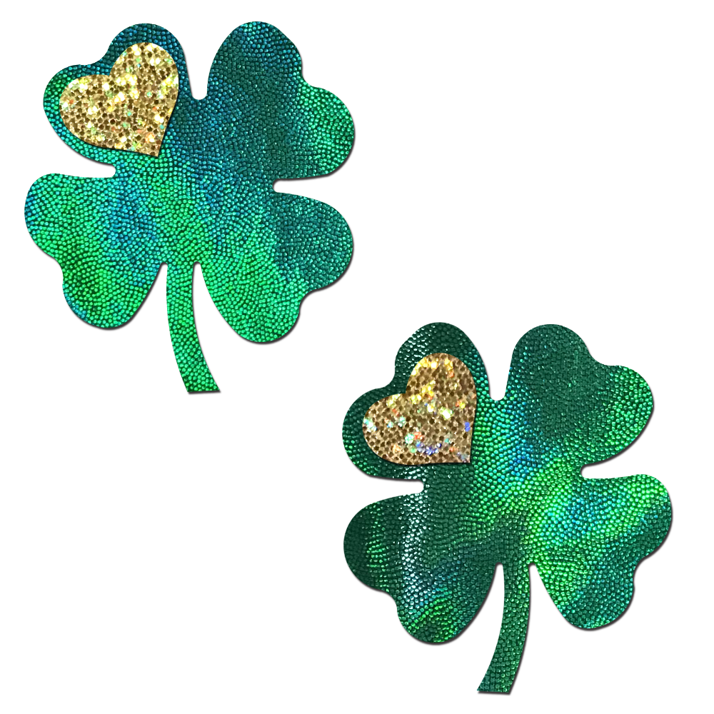 5-Pack: Four Leaf Clover: Holographic Green Shamrocks with Hearts o' Gold Nipple Pasties by Pastease® o/s