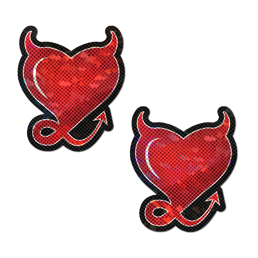 5 Pack: Devil Heart: Red Glittering Hearts with Horns & Tail Nipple Pasties by Pastease® o/s