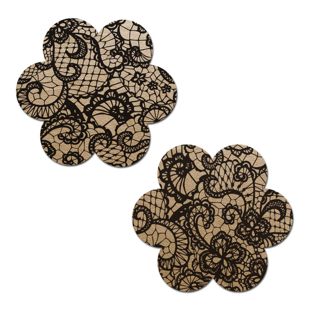 5-Pack: Daisy: Light Nude with Black Lace Flower Nipple Pasties by Pastease® o/s